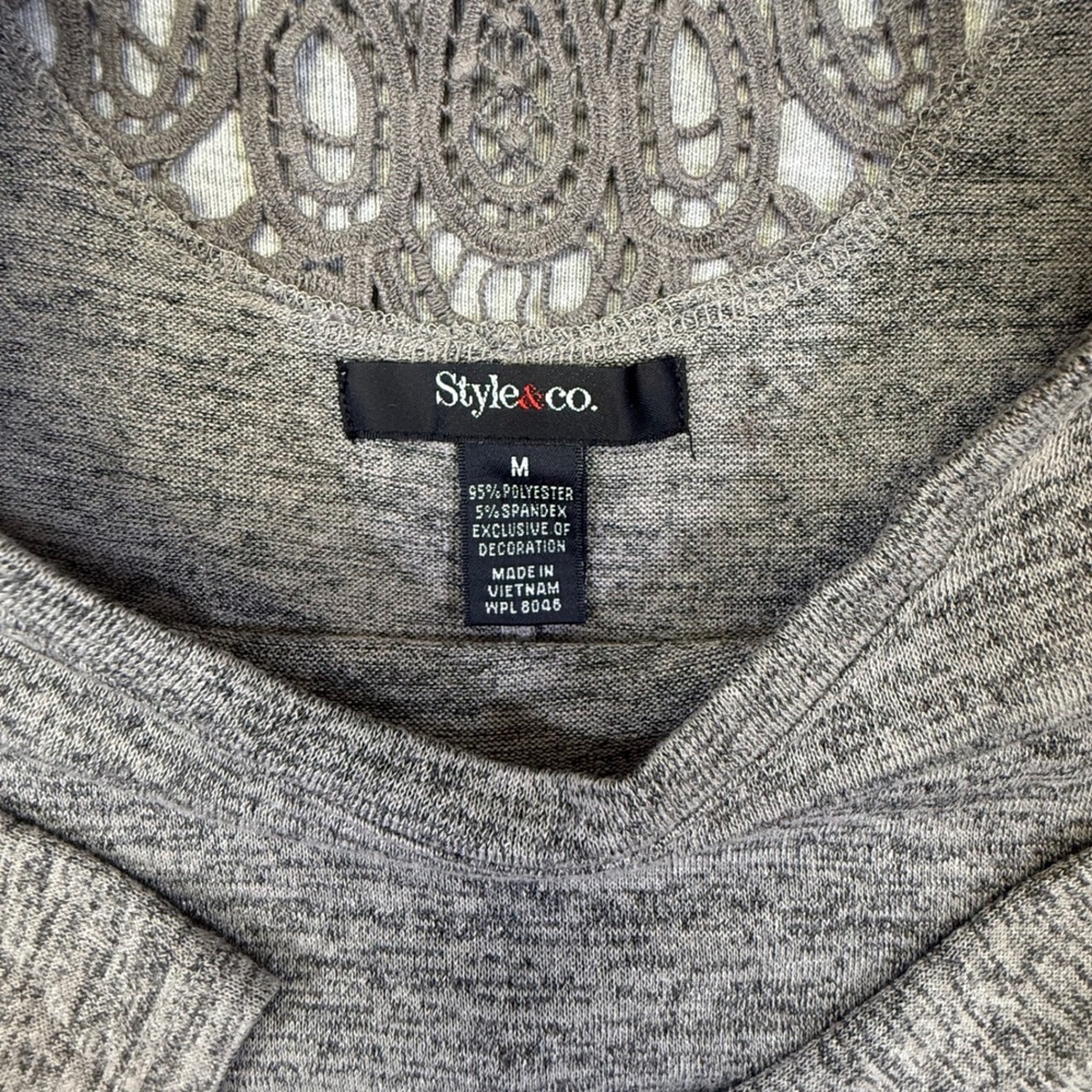 Style & Co Grey Space Dye Lace Crochet Trim 3/4 Sleeve Top Medium - Picture 2 of 7